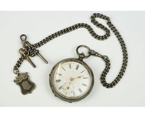 Early 20th century silver open face key wind pocket watch, white enamel dial and seconds dial, black Roman numerals, London i