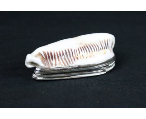 White metal topped shell snuff box, hinged lid, dimensions approx 7 x 3.5cm 
