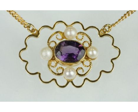 Amethyst and pearl 9ct yellow gold pendant necklace, the oval mixed cut amethyst measuring approx 5.5mm x 7.5mm, rubover set,