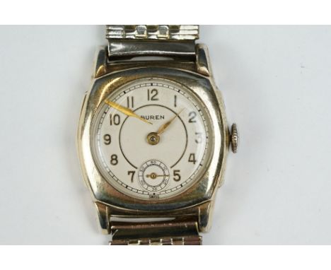 Vintage mid 20th Century Buren Grand Prix wrist watch having a white face with gilt arabic numerals to the chapter ring and s
