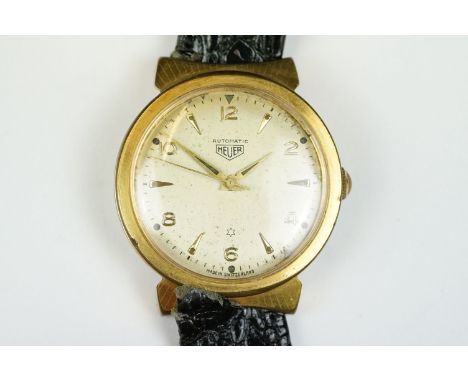 A vintage Heuer automatic gents wristwatch, gold filled steel case on leather strap. 
