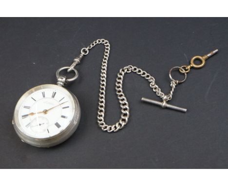 Victorian silver hallmarked open face pocket watch having a white enamelled dial, roman numerals to the chapter ring and subs