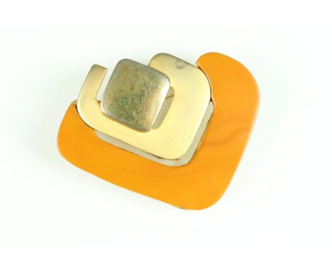 Christian Dior modernist style brooch having concentric square on an amber coloured panel. Signed to verso Chr. Dior Germany.
