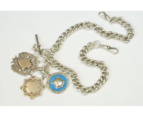 Victorian silver double albert chain having graduating curb links, T bar, two swivel clasps, two unengraved medals and one wi