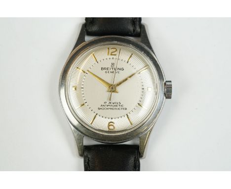 A vintage Breitling Geneve 17 jewel antimagnetic wristwatch Ref.2915 on leather strap. 