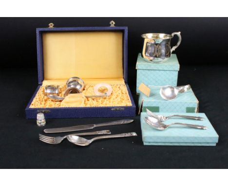 Mid 20th Century silver Christening set to include mug, baby spoon, fork and spoon set (all marked sterling TWR), together wi