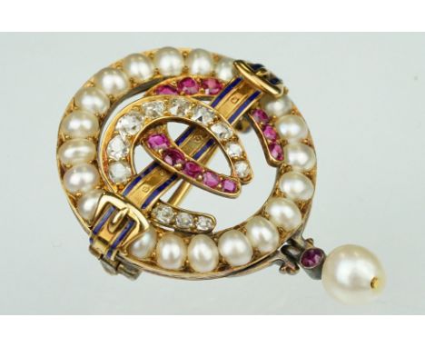 19th century ruby, diamond and pearl brooch, the two central entwined horse shoe motifs set with graduated old cut diamonds a