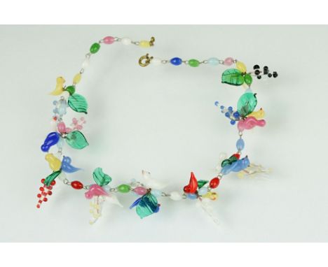 Vintage Murano glass necklace modelled as birds, berries and leaves, bolt ring clasp, length approx 38.5cm 