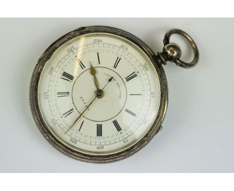 19th century silver key wind centre seconds chronograph pocket watch with stopwatch function, white enamel dial, black Roman 