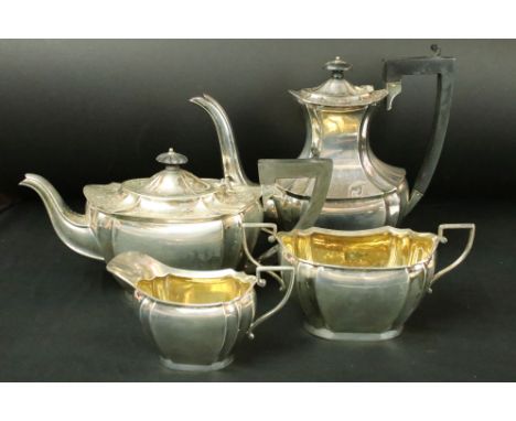 Edwardian four piece silver tea and coffee service comprising teapot, coffee pot, milk jug and twin handled sugar bowl, gilt 