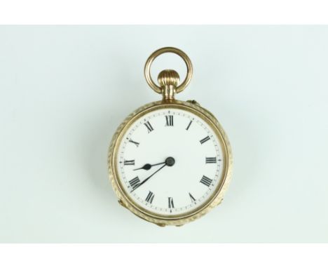 14ct gold top wind fob watch, white enamel dial, black Roman numerals and poker hands, the case with chased foliate scroll de