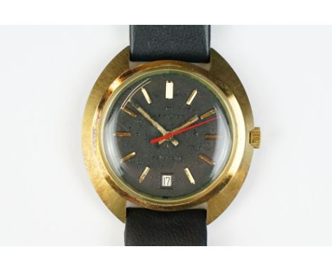 A vintage gents Hamilton self-winding wristwatch, black textured dial with red second hand and gold markers, date window to 6