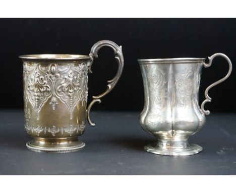 Early Victorian silver cup, footed baluster form, scroll handle, engraved floral foliate scroll decoration, engraved initials