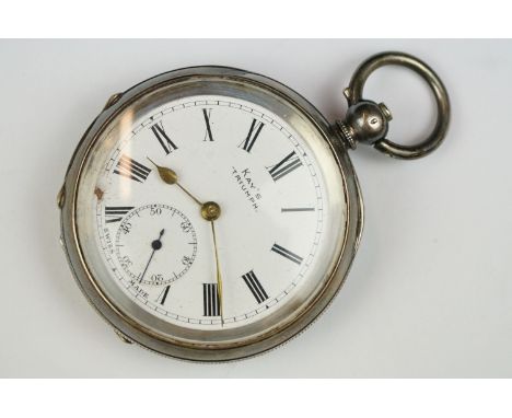 Kay's Triumph silver open face key wind pocket watch, white enamel dial and seconds dial, black Roman numerals, engine turned