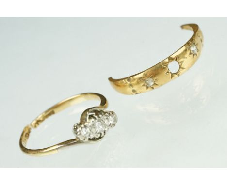 Diamond three stone ring, yellow gold (hallmark rubbed) and platinum set, band cut; together with a diamond ring head (stones