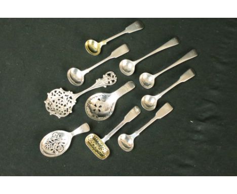 Two George III silver caddy spoons with later pierced decoration, a George IV silver sifter spoon, makers Joseph Willmore, ha