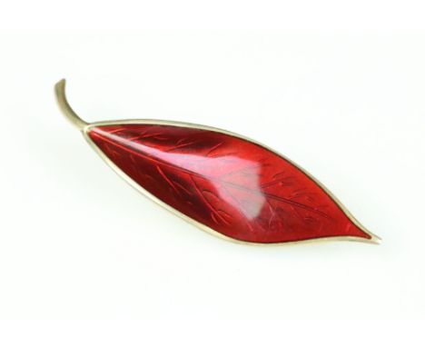 Willy Winnaess for David Andersen Norwegian enamelled silver parcel gilt brooch modelled as a leaf, basse-taille red enamel, 