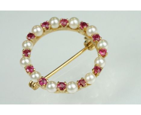 Ruby and cultured pearl 9ct yellow gold brooch, small round cut rubies, claw set, small round white cultured pearls, diameter