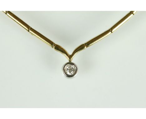 Diamond solitaire 18ct yellow gold and white gold set panel necklace, the round brilliant cut diamond weighing approx 0.10 ca