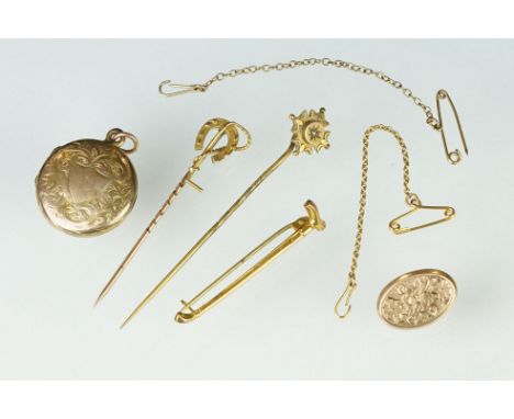 Collection of gold and yellow metal jewellery, comprising a 19th century yellow metal stick pin, the head modelled as a horse