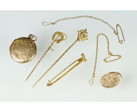 Collection of gold and yellow metal jewellery, comprising a 19th century yellow metal stick pin, the head modelled as a horse