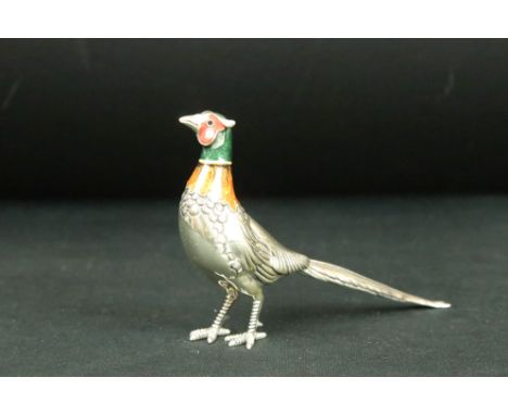 Silver and enamel pheasant figurine having a moulded detail body with enamelled head and neck. Marked 925 with Italian hallma