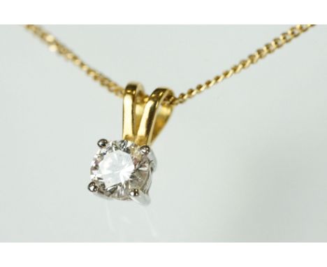 Diamond solitaire 18ct yellow gold pendant necklace, the round brilliant cut diamond weighing approx 0.33 carat, assessed cla