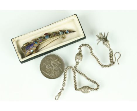 White metal albertina, tassel fob, oval spacers with applied detail, length approx 36cm; together with an enamelled silver gi