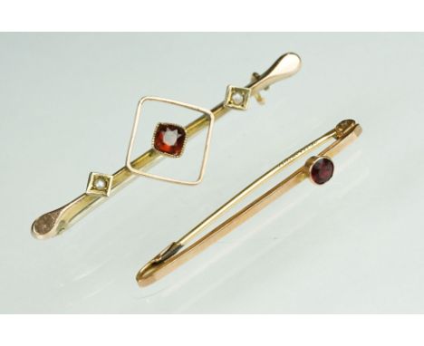 Early 20th century garnet 9ct rose gold bar brooch together with an early 20th century garnet and seed pearl yellow metal bar