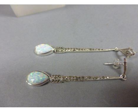 Pair of silver marcasite and opal Art Deco style earrings     