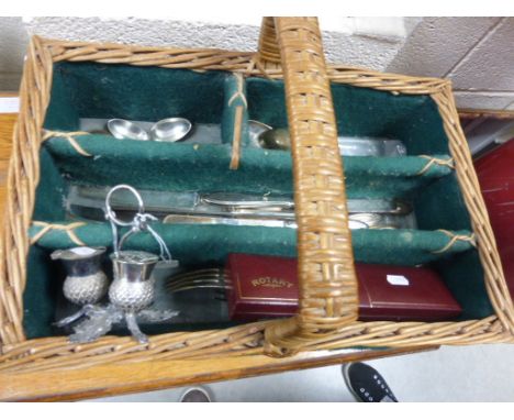 Thistle Shaped Cruet Set together with Boxed Rotary Gentleman Wristwatch and a Wicker Cutlery Basket with Plated Cutlery