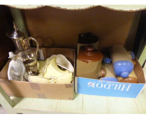 Various Stoneware Hot Water Bottles, Spanish Ceramic Figure, Glass and Silver Plate Claret Jug with Burner and Five Ceramic W