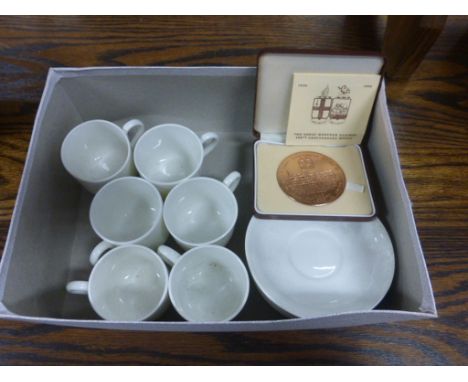 Six GWR  White Cups and Saucers together with Cased Great Western Railway 150th Anniversary Medal