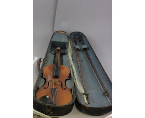 Wooden Cased Violin, paper label ' Antonius Stradivarius Cremonensis ' with two Bows