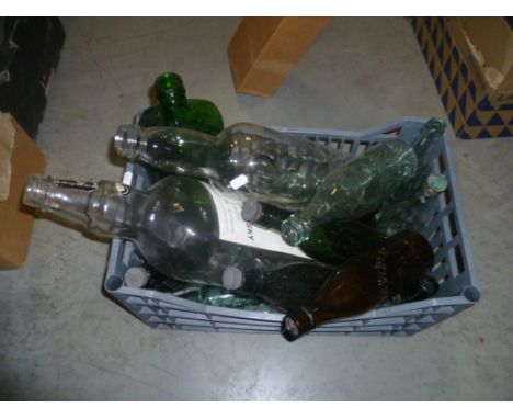 Group of Empty Spirit and Beer Bottles including Large Whiskey Bottle plus a Projector Screen