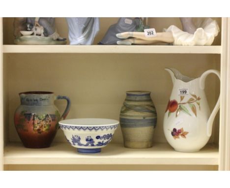 Royal Worcester Evesham Jug, Torquay Pottery ' Clovelly ' Jug, Conwy Studio Pottery Vase and a Chinese Style Bowl