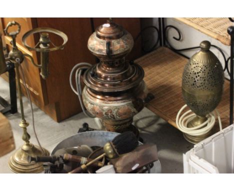 Two Tin Bottle Cooling Buckets, Various Copper & Metalware plus Indian Perforated Light, Brass Student Light Lamps and a Copp
