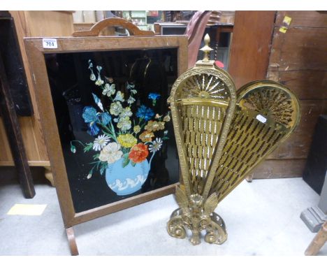 Brass 'Peacock' Fold-out Firescreen and another Firescreen with Glass Panel