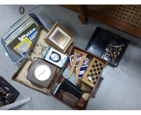 Group of Mixed Chess Set, Corkscrew, Bottle Stoppers, Nude Copper Plaque, Barometer and a Quantity of Andy Capp and Giles Boo
