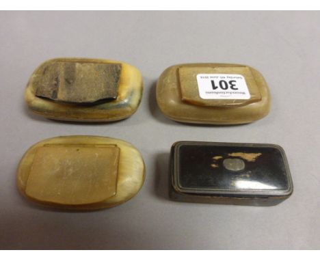 Three 19th century Horn Snuff Boxes and one lacquered Snuff Box