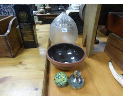 Two Mdina Glass Paperweights, Engraved Etched Light Shade and Brannam Bowl