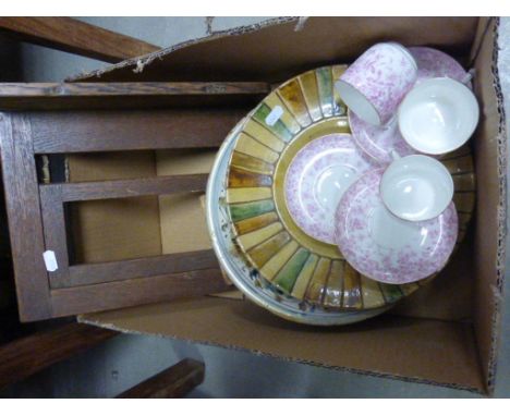 Oak Folding Bookstand, Two Glazed Plates, Pink Cups and Saucers and a Framed Tile