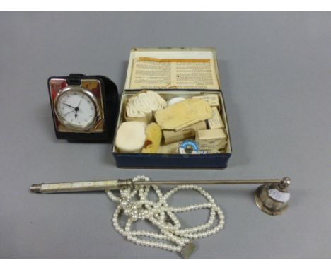 Mixed Lot comprising First Aid Tin, Candlesnuffer, Clock and Simulated Pearls