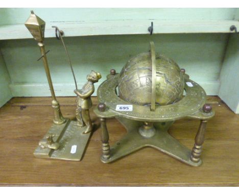 Brass Globe and a Brass Lamp Lighter Figure