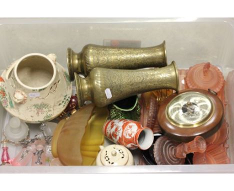 Mixed Lot comprising Pink Frosted Glass Dressing Table Set, Various Perfume Bottles, Pair of Brass Vases, Barometer plus othe