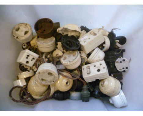 Tub of Various Vintage Ceramic and Bakelite Sockets and Switches, etc