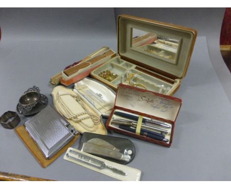 Mixed Lot including Fans, Costume Jewellery, 9ct Core Bangle, Silver Napkin Ring, Plated Tea Strainer, Cigarette Case / Light