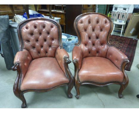 Two Victorian His and Hers Armchairs, with red leather button backs 