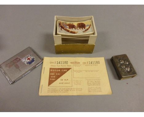 Silver Angels Matchbox Holder, Stamp Case, Various Churchman Cigarette Cards and Petrol Ration Card