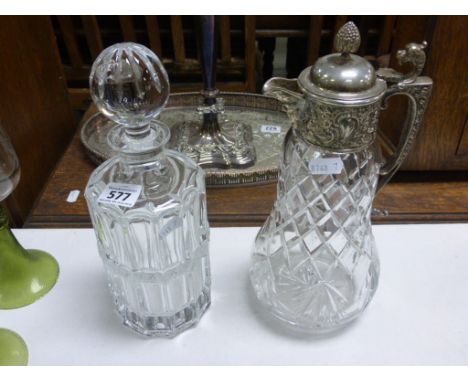 Cut Glass Claret Jug with Silver Plated Lid and a Glass Decanter and Stopper